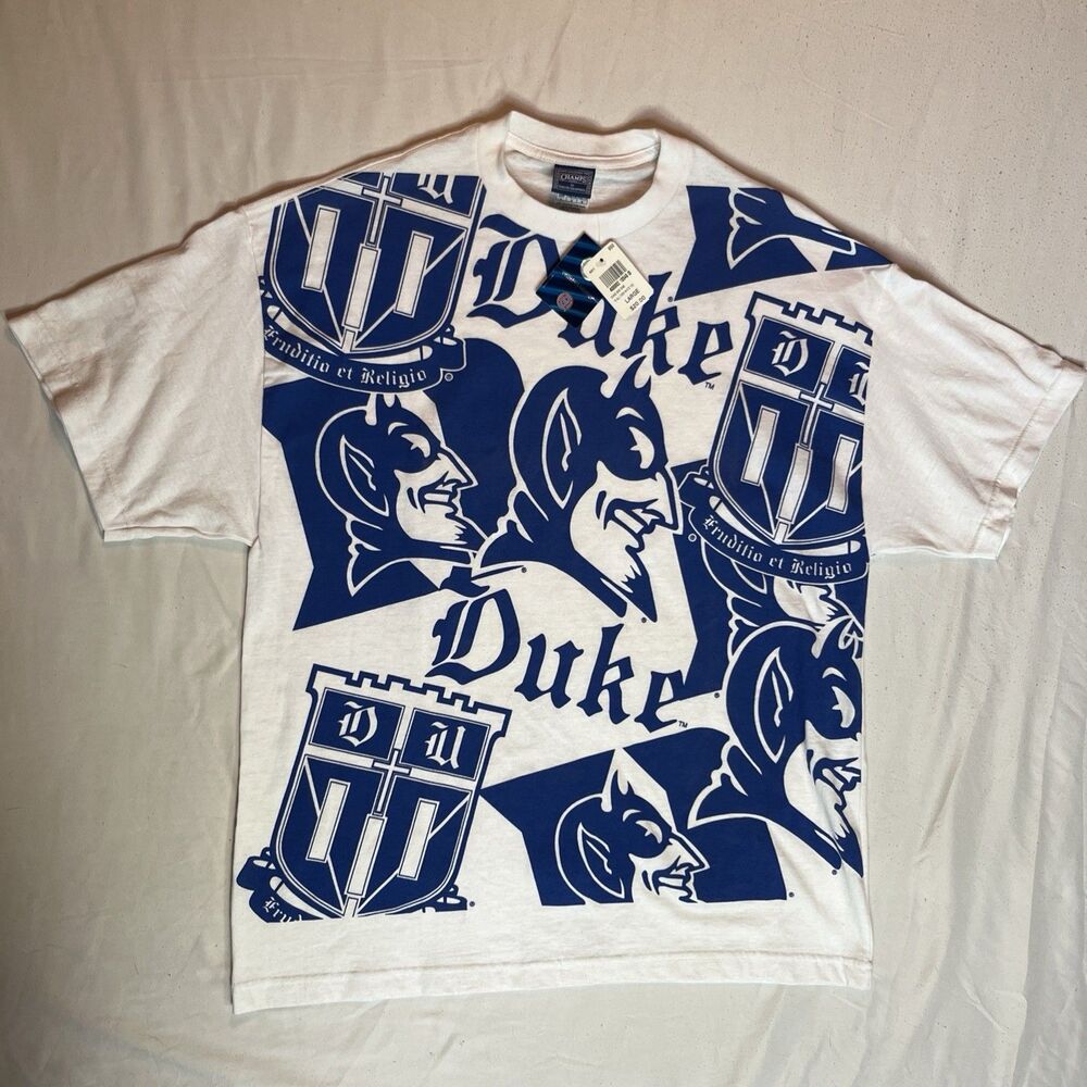 VTG 90s Duke AOP T Shirt Mens L NWT Deadstock Blue Devils USA Made White College